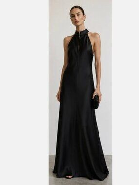 Galvan London Portico Black Satin Halter Maxi Dress Gown NWT US 6 EU 38